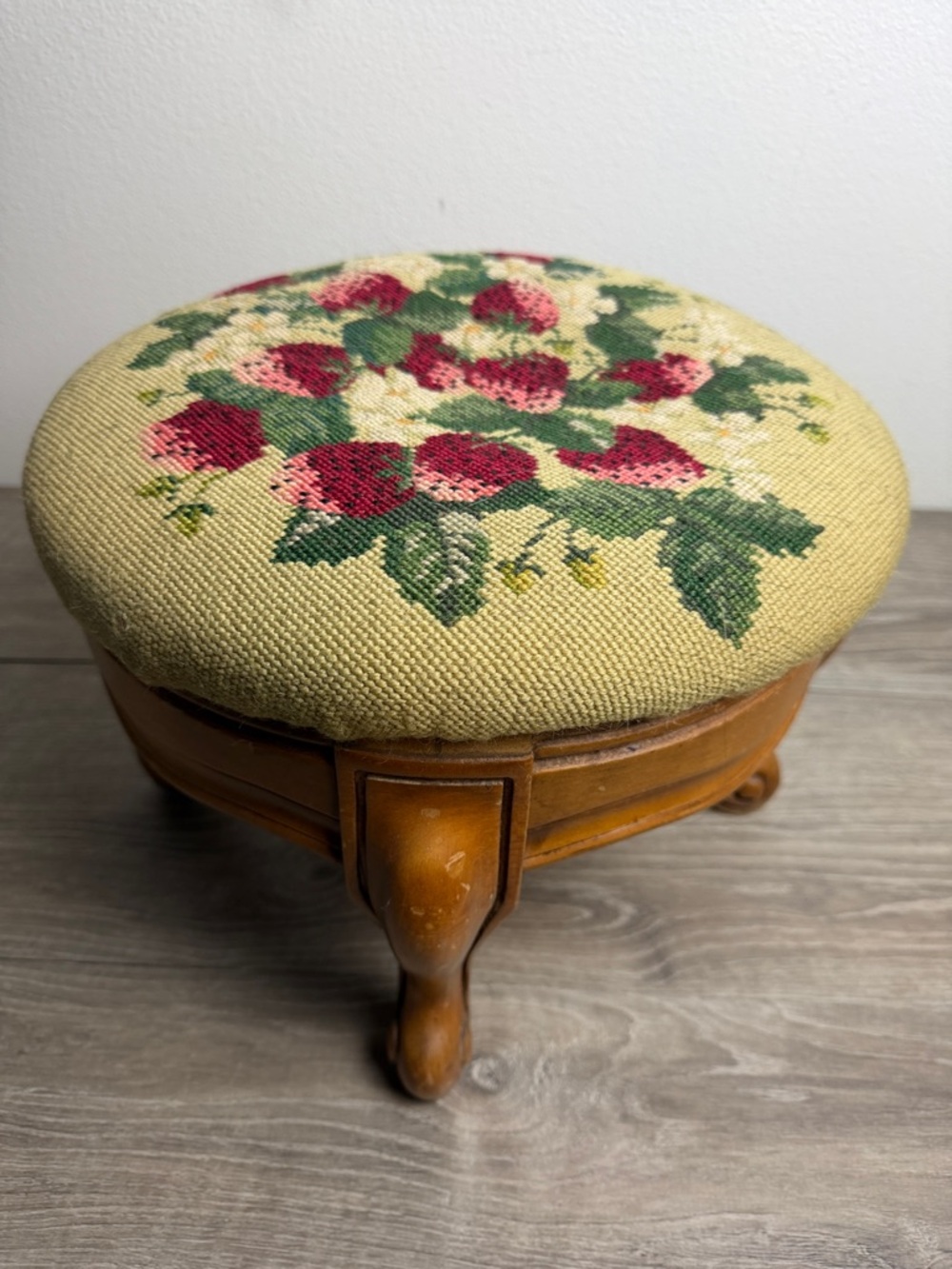 Vintage Needlepoint Strawberry Foot Stool